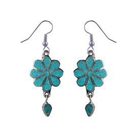 Tibetan Silver Women's Handmade Blue Turquoise Gemstone Inlay Flower Shape Earrings 925 Silver Plated Ethnic Gypsy Boho, Brass, Turquoise