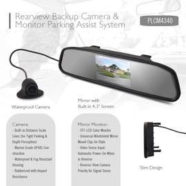Pyle PLCM4340 Car Vehicle Rearview Backup Camera & Mirror Monitor Parking Kit, Waterproof Night Vision Cam, 4.3'' Screen, Distance Scale Lines, Night Vision
