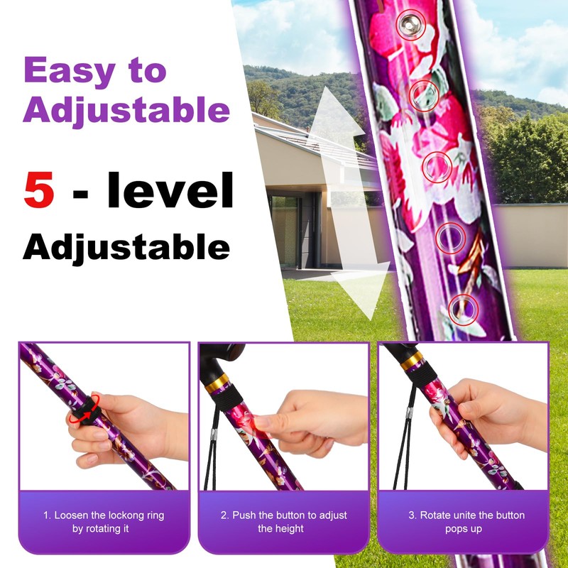 MFE Folding Cane, Portable 5-Level Adjustable Height Walking Stick with