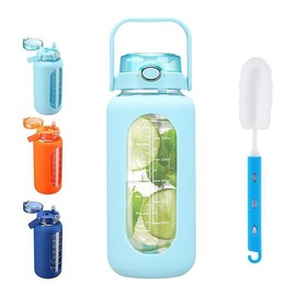 WINSA Water bottle 64oz Glass Water Bottle with Straw and Handle Lid Half Gallon Motivational Glass Bottle with Silicone Sleeve and Time Marker Large Reusable Sports Water Jug for Gym Home Workout:_Sky blue