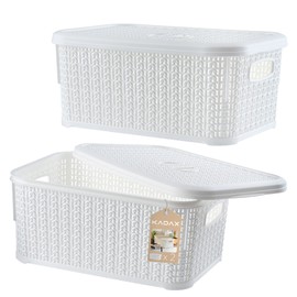 KADAX Storage Basket with Lid, 6L, Plastic Storage Box, Rectangular Basket for Storage, Bathroom, Kitchen, Children's Room, Storage Container, Storage Box (White, Set of 2)