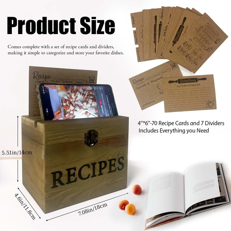 Gkesgm Recipe Box with 70 Recipe Cards and Dividers,Rustic Wood