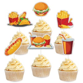 18pcs Fast Food Dessert Cupcake Toppers,French Fries Hamburger Hot Dog Cupcake Toppers for Birthday, Baby Shower, Carnival, Fast Food Snacks BBQ Party Decorations