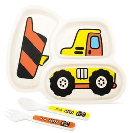 Kids Plate Set, Included Plate Fork and Spoon 3-Piece Set - Toddler Plates Dinnerware Dinner Dish Set Baby Feeding Divided Plate - Child Portion Control Dish Tray (Bulldozers)