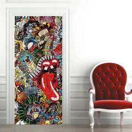 Door Sticker, Peel and Stick Vinyl Door Decals, Self-Adhesive Mural for Home Decor, 30.3" W x 78.7" L, Set of 2 Sheets, Hip-hop Graffiti