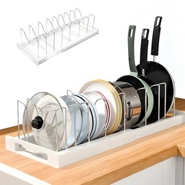 Pot Lid Holder, Pan Organiser Drawer with 10 Adjustable Dividers, 30-56 cm, Rib Holder, Stainless Steel, Adjustable Lid Holder, Extendable Non-Slip Pan Holder for Kitchen (White)