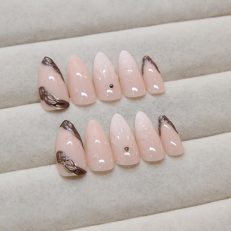 24Pcs Almond Press on Nails Medium Length Nude Fake Nails