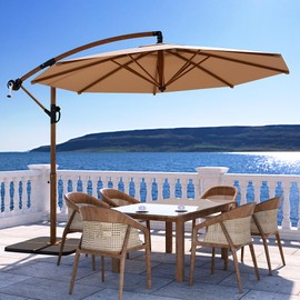 COSIEST 10 FT Offset Patio Umbrella with Wood Grain, Outdoor Cantilever Umbrella with 360-degree Rotation, Handy Crank, UV & Waterproof Canopy, for Backyard, Pool, Garden，Patio