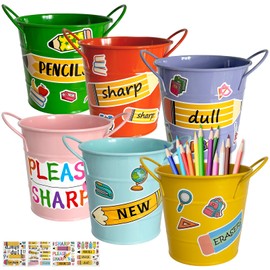 Hlimior 6 Pcs Sharp and Dull Pencil Buckets for Classroom, Metal Sharp and Dull Pencil Pail Holders with Handle 8 Sheet Stickers Back to School Teachers Classroom Management Organization Supplies