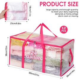 Aliceset 12-Pack Clear Moving Bags 90.84L Heavy Duty Extra Large Storage Totes with Reinforced Handles & Zippers, for Moving, College Dorm, Traveling(Pink)