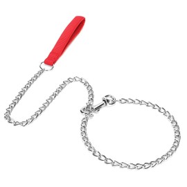 SGODA Metal Chain Heavy Duty Dog Leash, Chew Proof Dog Leash with Soft Handle for Large & Medium Size Pets Walking(4 ft. x 3.0 mm Red)