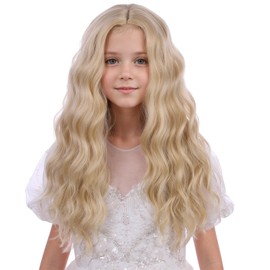WAVELNM Kids Blonde Wig Girls Long Curly Wavy Wig Child Blond Middle Part Wig Kids Wigs Girls Synthetic Wigs with Wig Cap