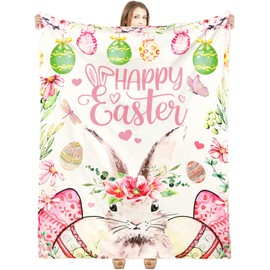 Buryeah Easter Hunny Bunny Throw Blanket Pink Easter Eggs Flowers Bunny Spring Gift 60 x 50 Inches Happy Easter Soft Blanket Rabbit Birthday Blanket for Easter Home Bed Sofa Couch Decor