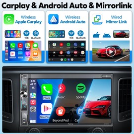 7" Double Din Car Stereo with Wireless Apple CarPlay & Android Auto, QLED Touchscreen, Bluetooth, Backup Camera, 4.2-CHN Audio, 2 Subwoofer Outputs, AM/FM Car Radio