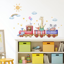 WOHAHA Animal Wall Sticker, Train, Cute, Elephant Bear, Children, Wallpaper, Cloud, Stars, Rainbow, Living Room, Background Wallpaper, Removable Wallpaper, Stylish, Wall Decoration, Kindergarten,
