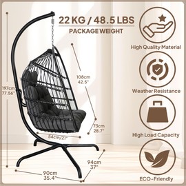 Chihee Egg Chair Foldable Wicker Rattan Hanging Chair Swing Chair Indoor Outdoor Patio Wicker Chair Hammock Chair with Stainless Steel Hanging Kit Chain Link UV Resistant Cushion Bedroom Balcony