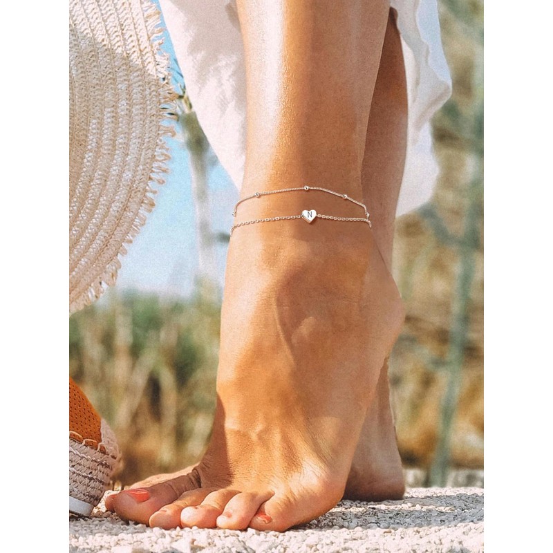 PROSILVER Ankle Bracelets for Women Plus Size Silver Initial Heart