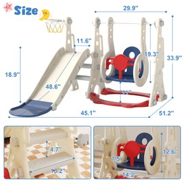 GITAWUSA 4 in 1 Toddler Slide and Swing Set, Kids Slide for Toddlers Age 1-2 Outdoor Indoor Playset with Basketball Hoop, Swing (Beige Blue)