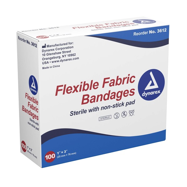 Dynarex Fabric Adhesive Bandages - Sterile & Flexible Fabric Bandages for Wounds - Non-Stick Pads - First Aid Supplies - No Latex - 1" x 3", 3 Boxes of 100 (300 Count)
