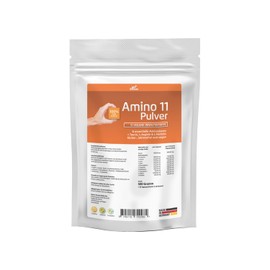 Amino 11 Pulver 500g Packung, enthält acht essentielle Aminosäuren sowie die zwei semi-essentiellen Aminosäuren Histidin und Arginin und Taurin, alles in pflanzlicher, reiner und kristalliner Form.