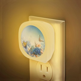 HUSITI Blue Hydrangeas Night Light, Butterfly, Hydrangeas and Daisies Night Lights Plug into Wall Decor,Dusk to Dawn Sensor Lamp for Bedroom Bathroom Kitchen Hallway Stairway Home Decoration