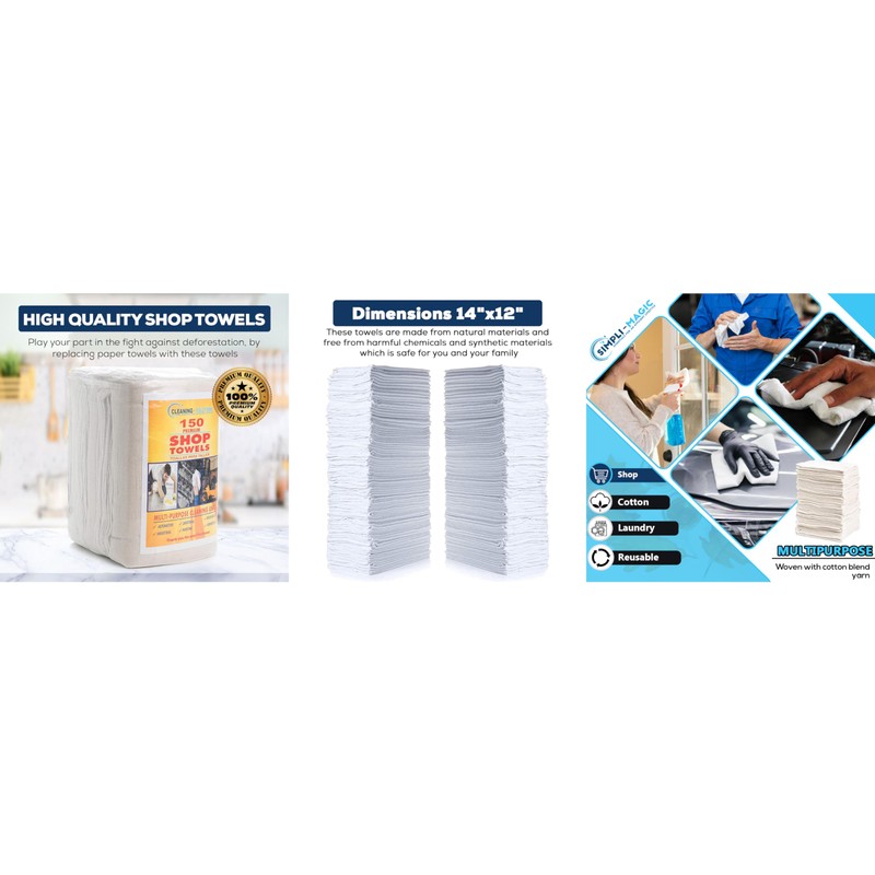 SIMPLI-MAGIC Cotton Shop Towels 14"x12" (145 Pack) – Reusable Cleaning