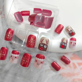 Christmas Nails Cute Press on Nails Short Square Fake Nails Red Christmas Press on Cute Reindeer with Glitter Rhinestones Winter Snowflake Glue on Nails Santa Claus White French Tip False Nails 24Pcs