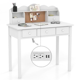 FUNKOCO Pink Writing Desk with Hutch and Drawers, 36 Inch Home Office Desk with Charge Station, Student Desk with Storage Shelf for Teen