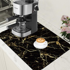 Dish Drying Mat Black and Gold Marble Coffee Bar Mat for Countertop Absorbent Coffee Mat Rubber Backed Hide Stain Dish Drainer Rack Mat Coffee Maker Coffee Pot Dining Room Decoration 15.7 x 23.6 Inch