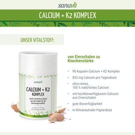 Sanuvit® - Calcium + K2 Complex | OVOCET® Eggshell Calcium | Highly Bioavailable Calcium Source | With Vitamin K2 | 120 Capsules
