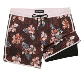 maamgic Mens Short 80s 90s Vintage 5.5" Swim Trunks Swimsuits Board Shorts Compression Liner Quick Dry 2 in 1 Beach Swimwear Flower Brown M