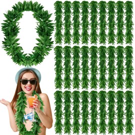 Yuxung 50 Pcs Tropical Green Leis Fern Leaf Necklace Green Fake Hawaiian Leis Artificial Fern Garland for Summer Luau Beach Pool Party Favors Decorations, 43 Inches