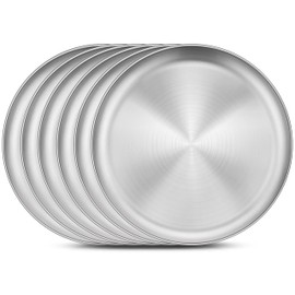 Homikit 6 Pack Stainless Steel Plate Set, 10.2 Inch Metal Kids Dinner Plates for Children Adult, Round Camping Plates for Serving Dishes Dessert Salad, Non Toxic & Reusable, Dishwasher Safe