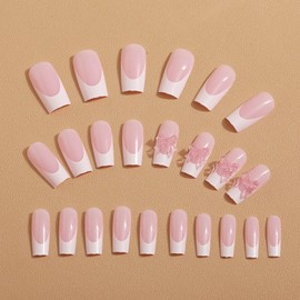 French Tip False Nails - 24pcs Medium Square Press on Nails - Light Pink Stick on Nails Three-dimensional Bow - 12 Sizes Glue on French Nail Tips - Full Cover Glossy Acrylic Nail Art for Women Girls