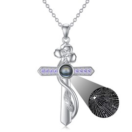 PROESS Mothers Day Gifts Cross Necklace for Women Birth Month Flower Necklace Sterling Silver I Love You Necklace 100 Languages February Birthstone Jewelry Gifts