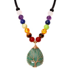 Jewboo Drop Crystal Necklace Copper Wire Wrapped Real Gems Chakra Beads Chain Rope Balance Meditation Yoga Healing Crystals Necklaces for Women (Aventurine)