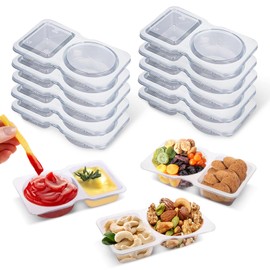 Double Compartment Condiment Containers with Lids - Reusable Plastic Sauce Containers - Clear Snack Container for Travel Snack, Sampling, Sauce - 10PCS