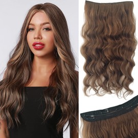 Invisible Wire Hair Extensions with 4 Secure Clips Long Wavy Secret Hairpiece for Women 24 inch Synthetic Hair Extensions with Transparent Wire Chestnut Brown mixed Caramel Blonde Curly Wavy Hair