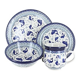 Blue Rose Polish Pottery - Blue Summer Fun 4 Piece Place Setting - Service for 1-1 Place Setting - Great for Everyday Dining, Casual Dining, or as Formal Dinnerware