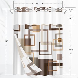 Nesphy No Hook Brown Geometric Vintage Checkered Shower Curtain with Snap in Fabric Liner Set, Waterproof with See Through Mesh Top Window, Modern Abstract Line Bath Curtain 71x74 Inch