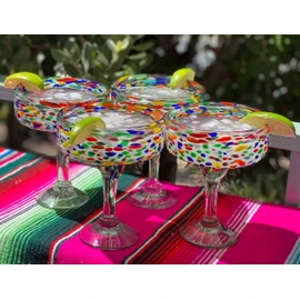 Dos Sueños Mexican Hand Blown Glass – Set of 4 Hand Blown Margarita Glasses Confetti Rock (16 oz) …