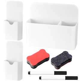 ZHENGYYUU Pack of 3 Magnetic Pen Holder, Pen Holder, Magnetic Marker Holder for Fridge, School, Office, Accessories with 2 Whiteboard Sponge Magnetic & 2 Pens (2 Sizes, White)
