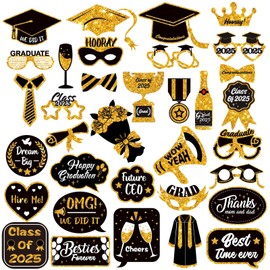 Qpout 36 Pieces Glitter Fancy Graduation Photo Booth Props Class Of 2025 Black Gold Grad Selfie Props With Sticks Graduation Party Favors Supplies Decorations