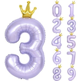 Lausatek Balloons, Number Balloons, Birthday, 40 Inches, Large, Number 3, Crown Included, Birthday Decoration, Parties, Anniversaries, Weddings, Boys, Girls, Approx. 39.4 inches (100 cm), Purple,