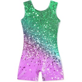 Haloumoning Girls Gymnastics Leotards with Shorts Kids Sparkly Dance Unitards Mermaid Athletic Biketards 3-10 Years