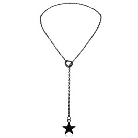 Manfnee Lariat Y Necklace, Black Star Necklace, Slip Chain Necklace, Stainless Steel Long Necklace, Stainless Steel, No Gemstone