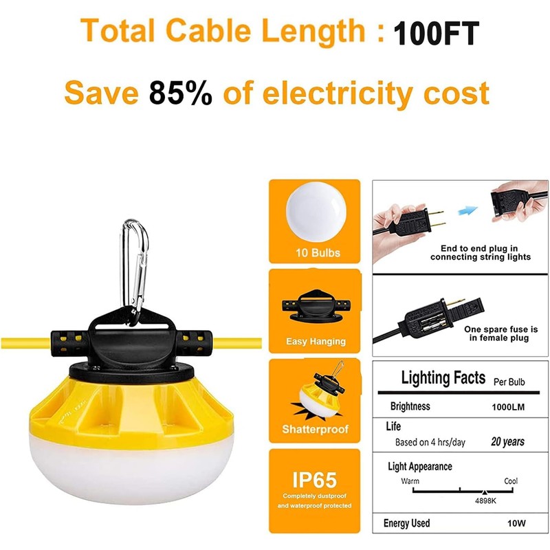 100FT Construction LED String Lights, Industrial Grade Best for Construction