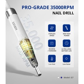 AIRSEE Updated Professional Nail Drill,Rechargeable Cordless Efile Machine for Acrylic Extension Gel Dip Powder Powerful Portable Efile 56 Sanding Bands 7 Bits,Low Noise Low Heat,G7 White