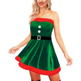 AOBUTE Mrs Santa Claus Dress for Women Christmas Elf Costume Xmas Off Shoulder Velvet Dress with Invisible Bra Strap L