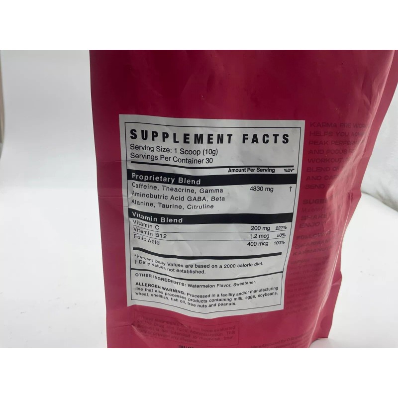 Karma Pre-Workout Watermelon Drink Mix W/ Caffeine, Theacrine, Vitamins, Ex